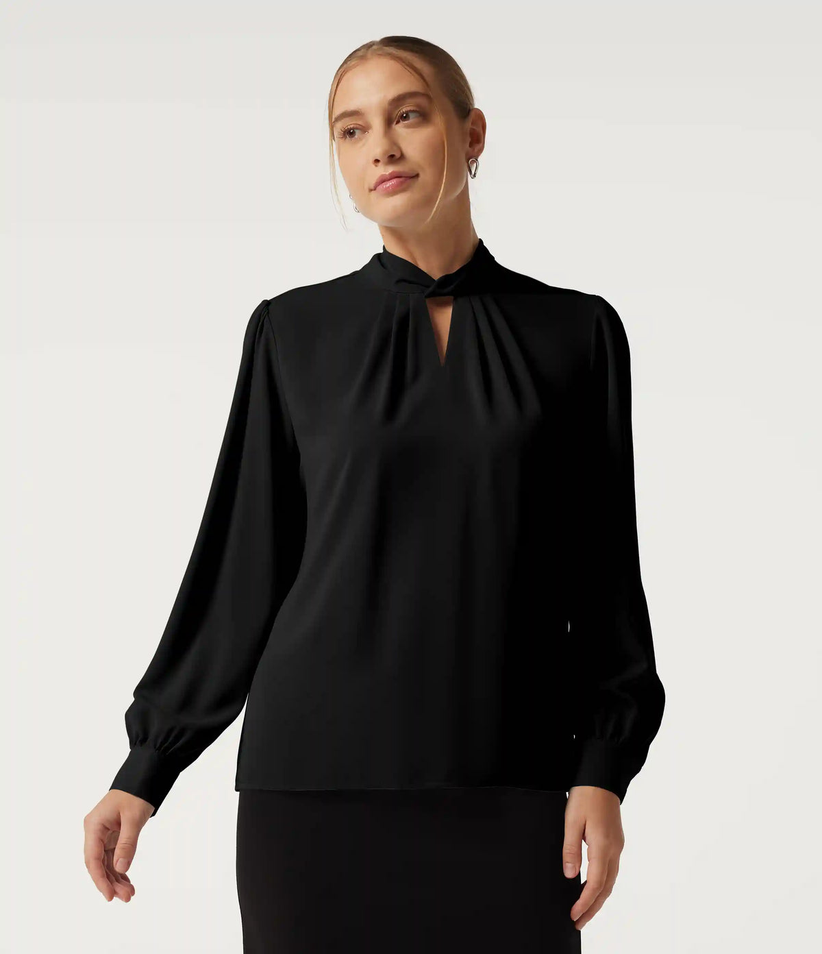 Mock Neck Tie Back Long Sleeve Work Blouse