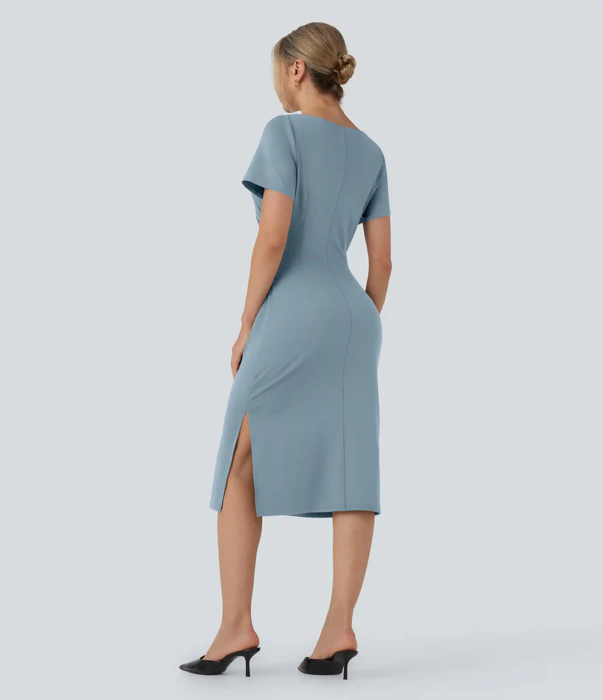 Short Sleeve Ruched Bodycon Midi Work Dress