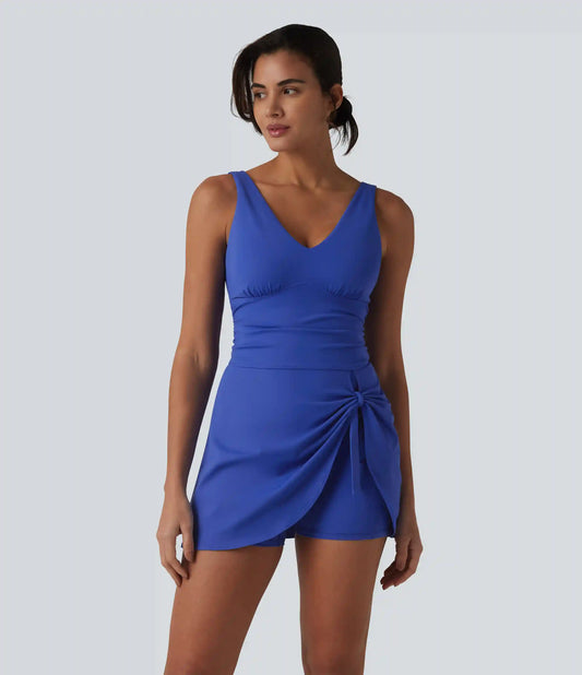 SoftlyZero™ Plush V Neck Built-in Bra Tie Side 2-in-1 Mini Yoga Active Dress with Pockets-Easy Peezy Edition