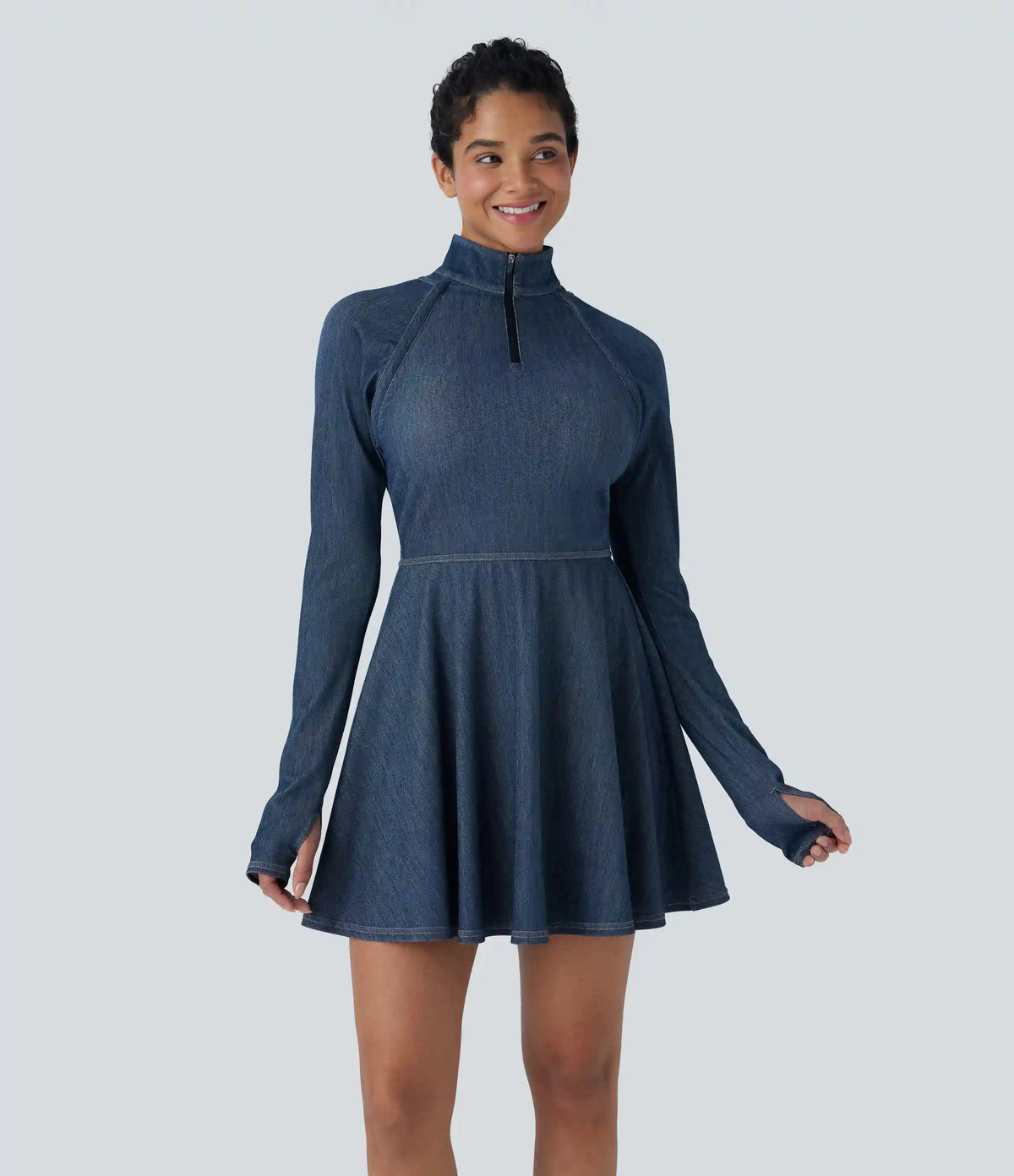 Halara Flex™ Zipper Removable Sleeve Thumb Hole Flare Mini InstantCool Washed Denim Tennis Active Dress