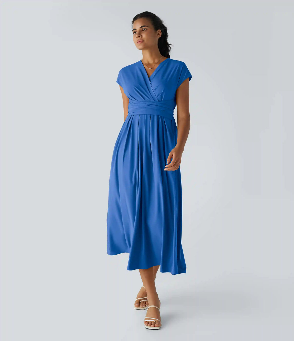 Breezeful™ V Neck Short Sleeve Pocket Tie Back Quick Dry Midi Casual Dress-Longer Length