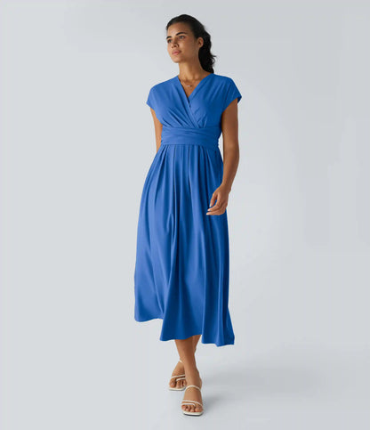 Breezeful™ V Neck Short Sleeve Pocket Tie Back Quick Dry Midi Casual Dress-Longer Length