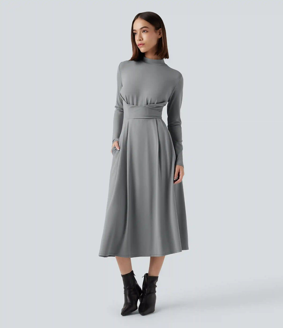 Mock Neck Long Sleeve Midi Work Dress with Pockets