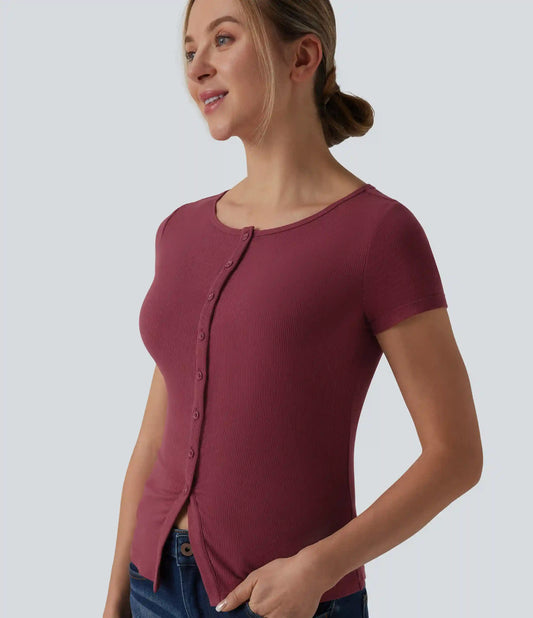 Ribbed Knit Boat Neck Short Sleeve Casual Top