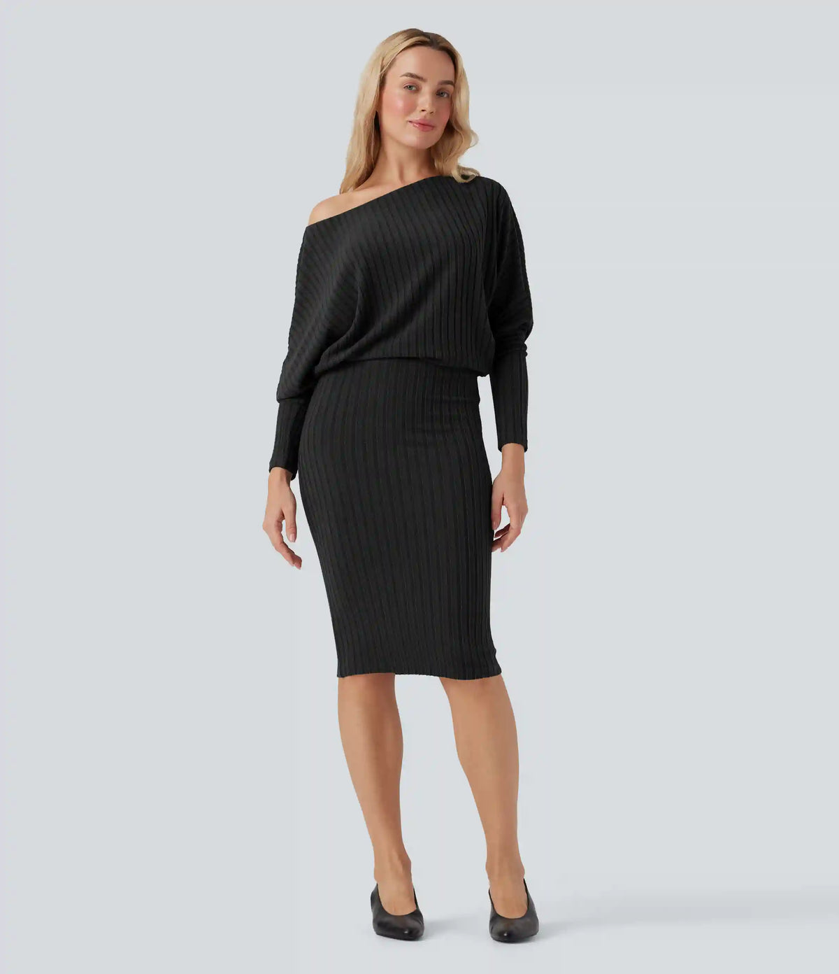 Ribbed Knit Off-shoulder Batwing Long Sleeve Bodycon Midi Casual Dress