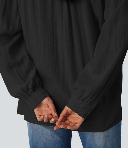 Off-shoulder Tie Long Sleeve Linen-Feel Oversized Casual Blouse