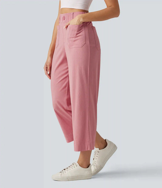 High Waisted Wide Leg Cropped Casual Stretch Linen Pants with Pockets