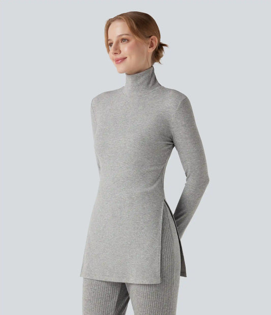 Ribbed Knit High Neck Long Sleeve Casual T-Shirt
