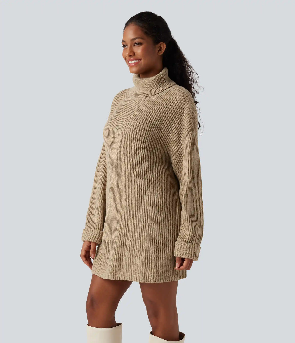 High Neck Long Sleeve Mini Work Sweater Dress