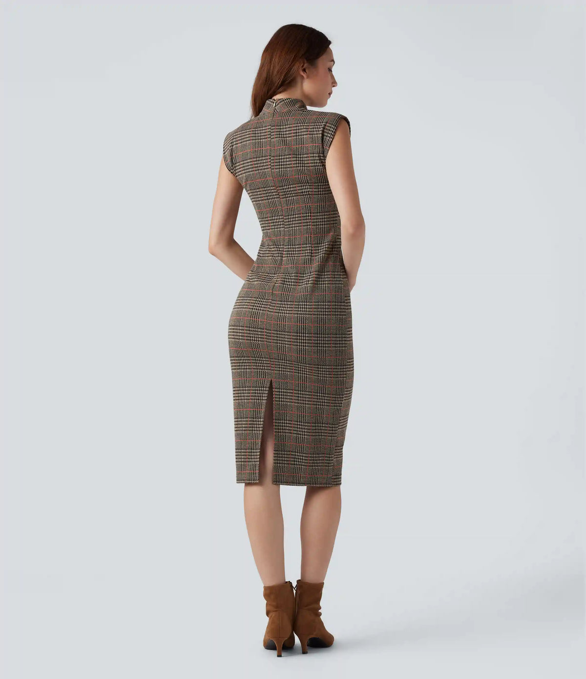 High Neck Sleeveless Bodycon Houndstooth Plaid Midi Work Dress