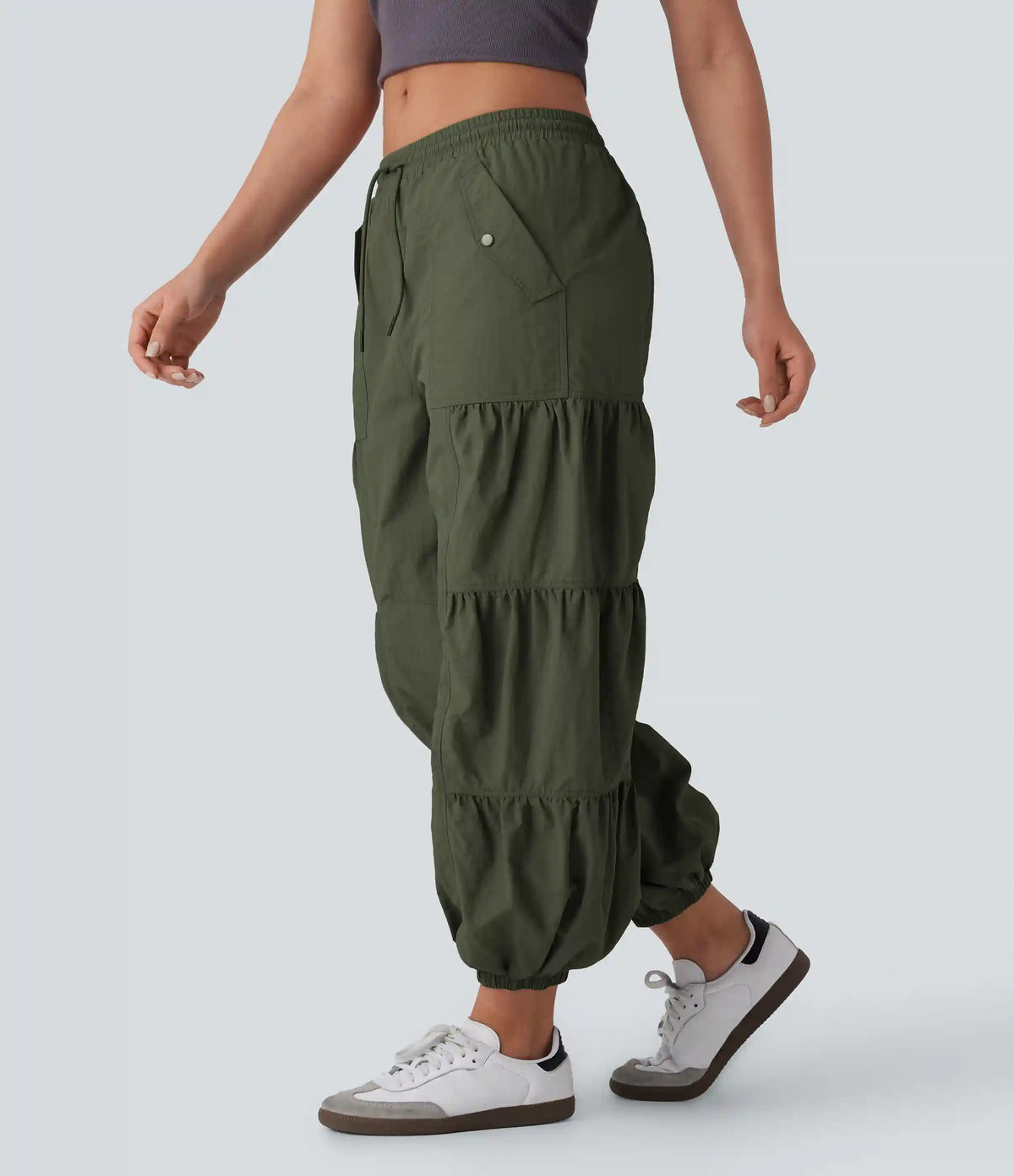 Mid Rise Drawstring Pocket Ruched Parachute Casual Cargo Baggy Joggers