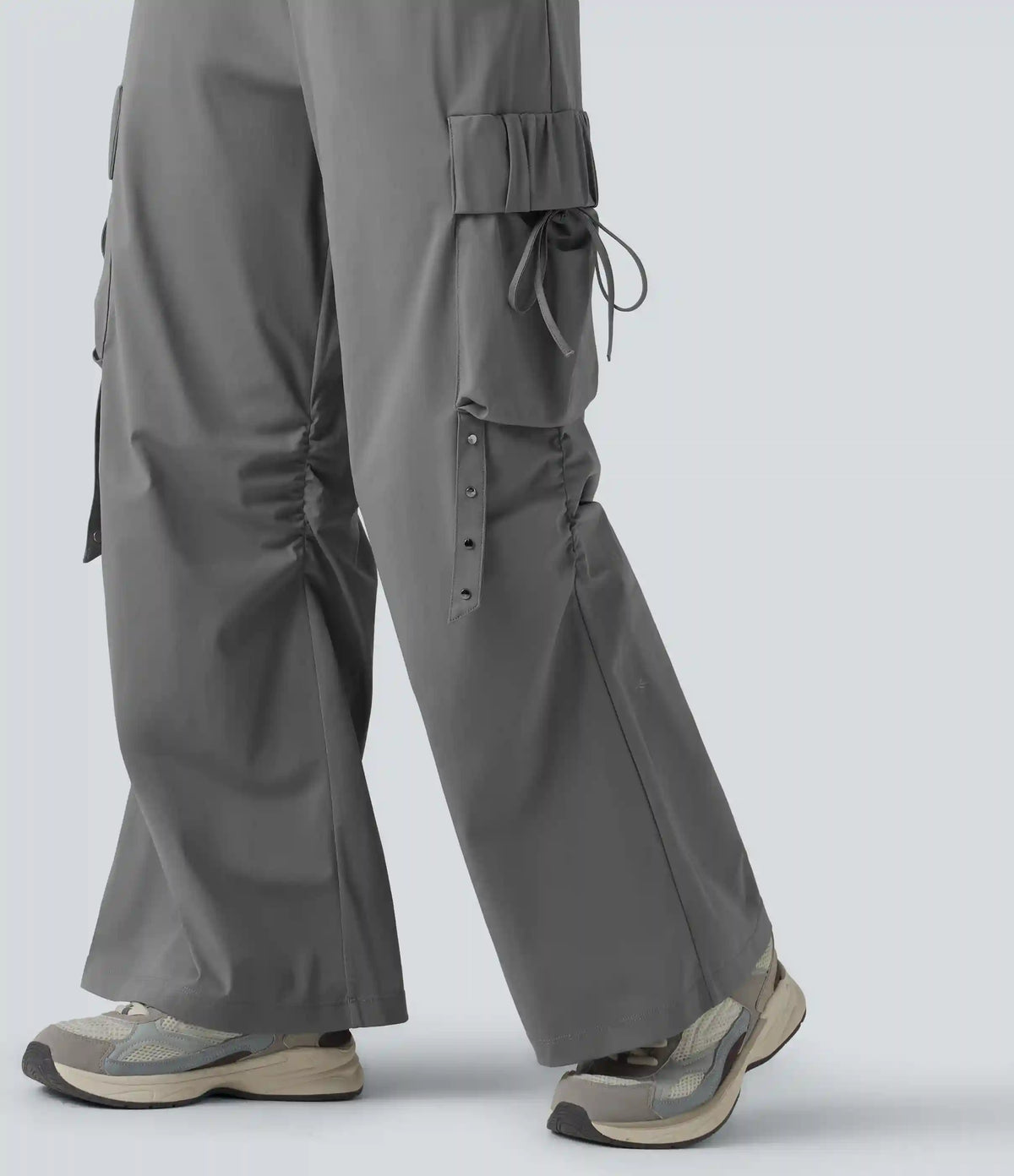 Mid Rise Ruched Tie Workout Cargo Bootcut Pants with Pockets