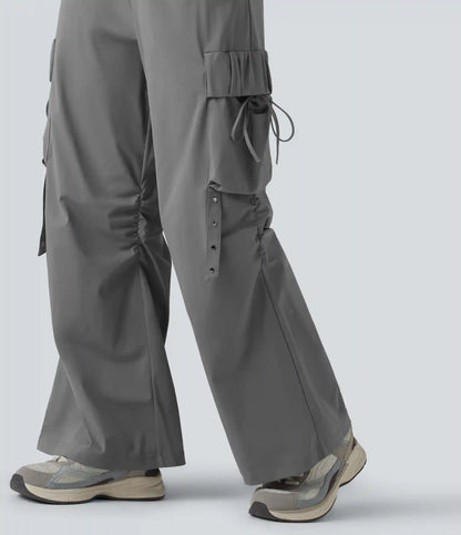 Mid Rise Ruched Tie Workout Cargo Bootcut Pants with Pockets