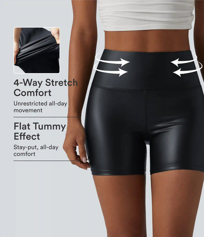 High Waisted Tummy Control Stretchy PU Casual Biker Shorts 5'' with Pockets