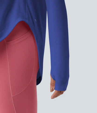 One Shoulder Long Sleeve Thumb Hole Curved Hem High Low Quick Dry Yoga Sports Top-Built-in Bra