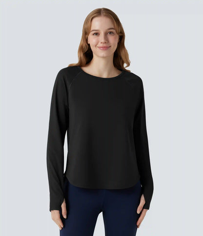 Round Neck Long Sleeve Thumb Hole Contrast Mesh Workout Sports Top