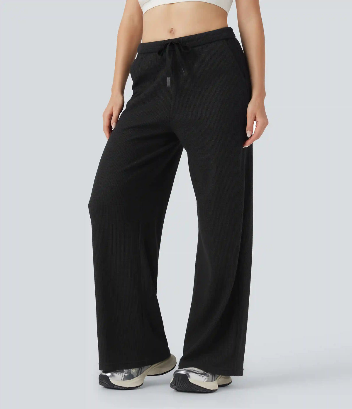 Mid Rise Drawstring Waffle Casual Baggy Pants with Pockets