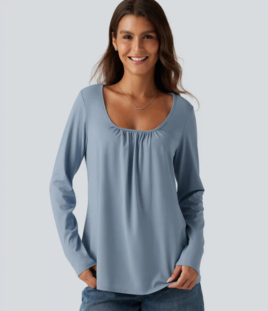 Scoop Neck Long Sleeve Ruched Casual T-Shirt