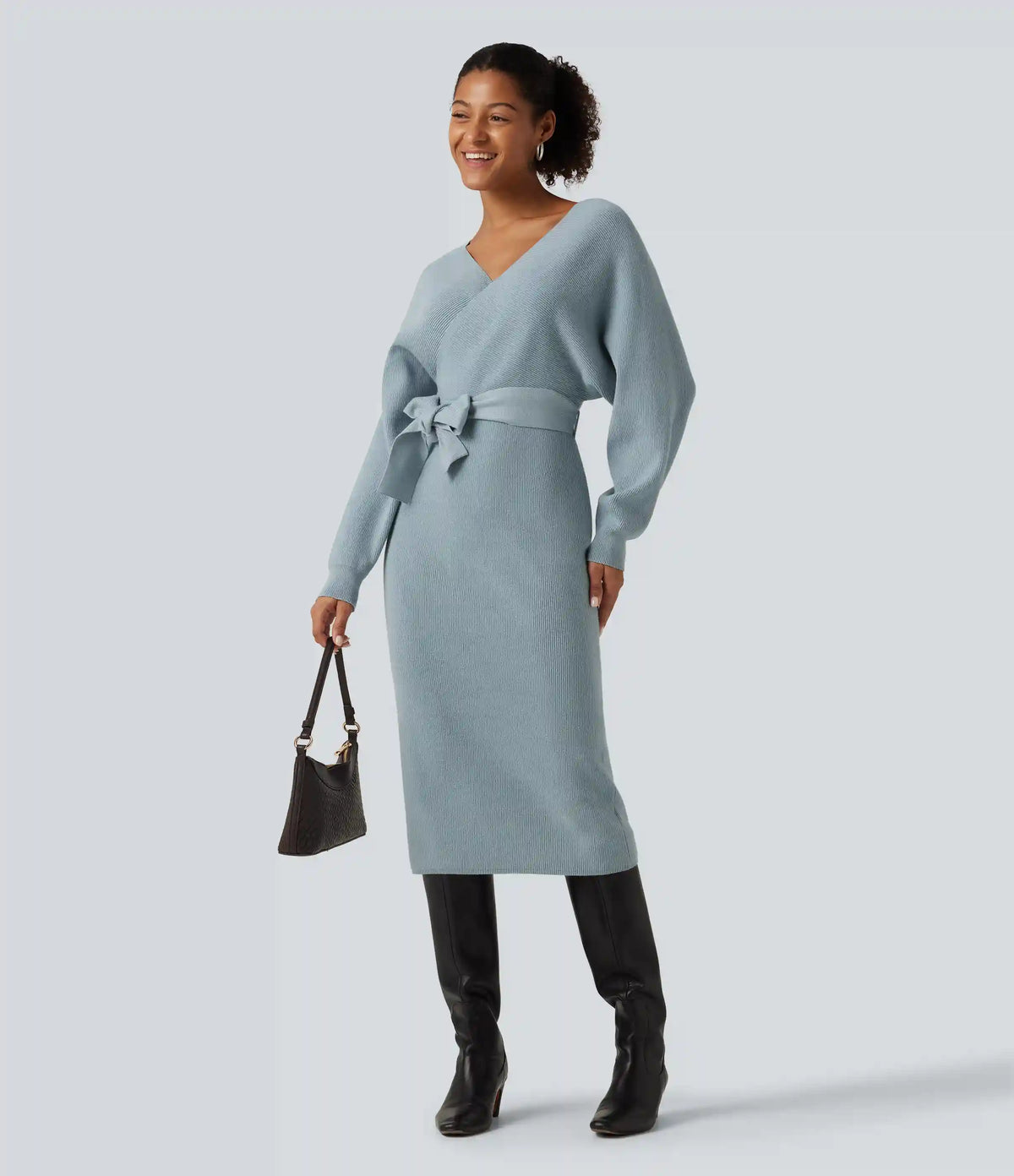 Crossover V Neck Batwing Long Sleeve Belted Midi Casual Sweater Dress