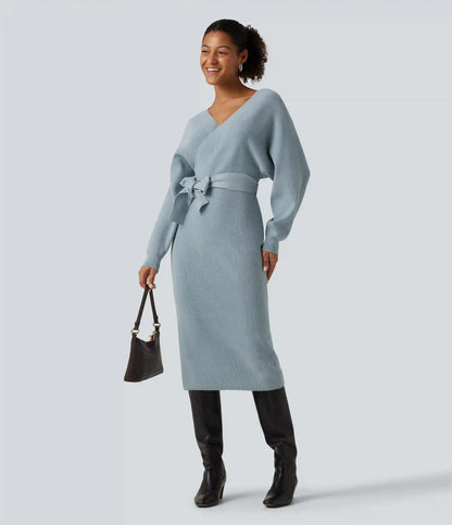 Crossover V Neck Batwing Long Sleeve Belted Midi Casual Sweater Dress
