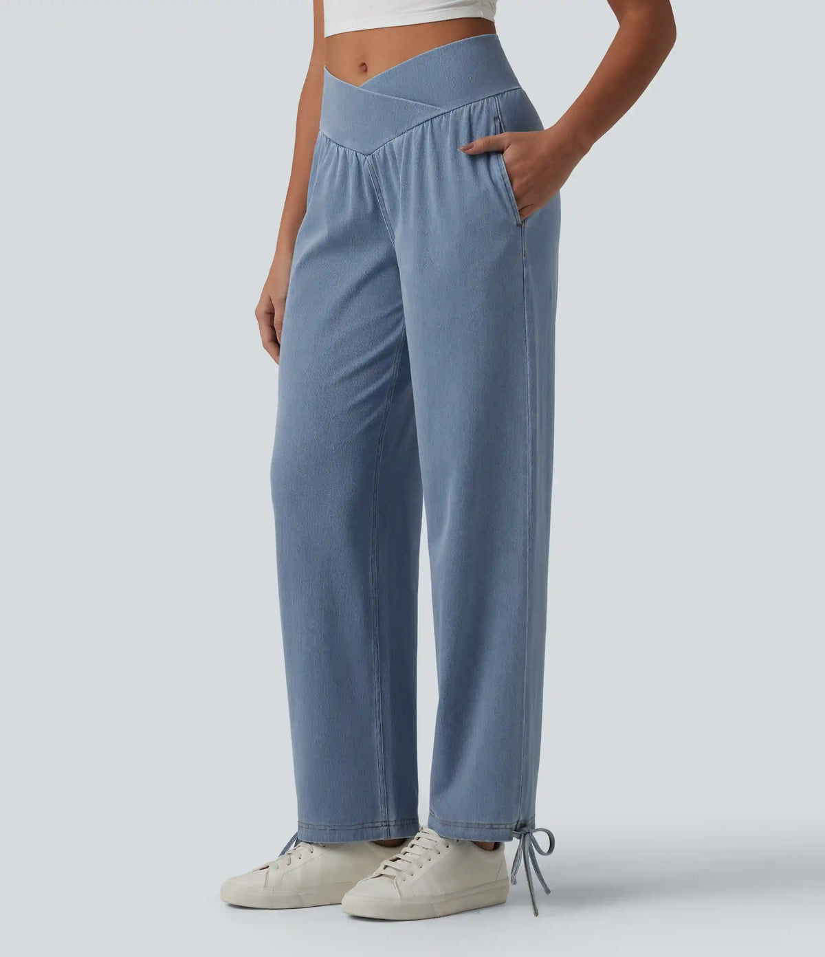 Halara Flex™ Mid Rise Crossover Drawstring Denim Casual Joggers with Pockets