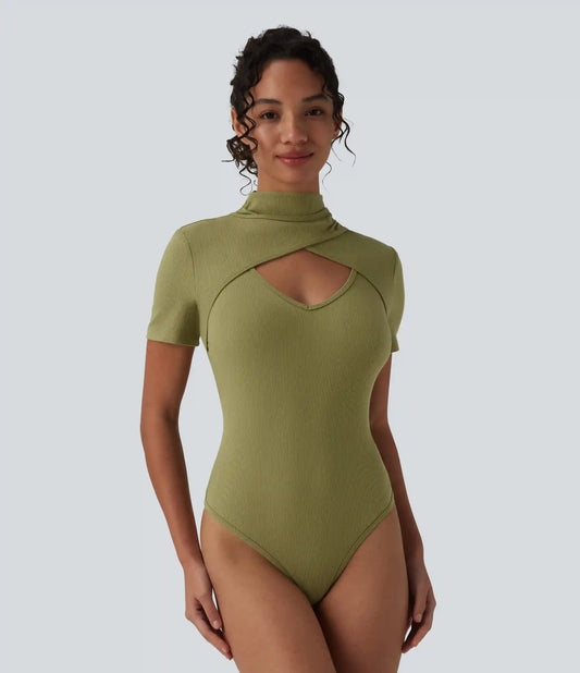 Ribbed Knit High Neck Cut Out Short Sleeve Skinny Casual Bodysuit