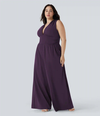 Plus Size V Neck Sleeveless Jumpsuit with Pockets-Easy Peezy Edition