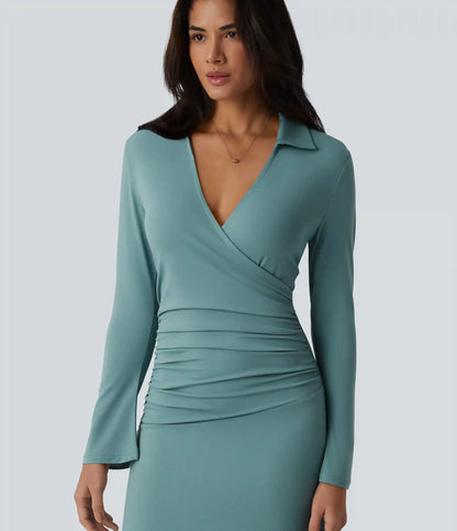 V Neck Long Sleeve Ruched Midi Casual Dress