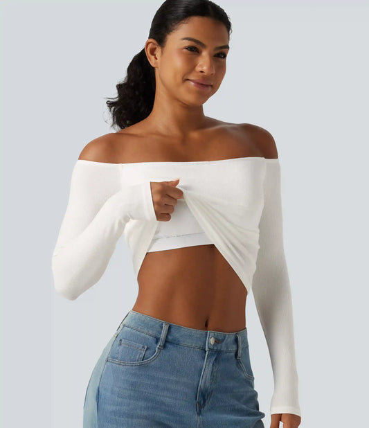 Ribbed Knit Off Shoulder Long Sleeve Built-in Bra Cropped Casual Top