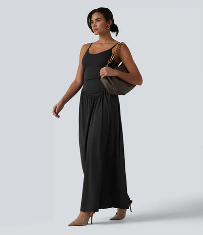 Breezeful™ Backless Adjustable Straps Ruched Built-in Bra Flowy Maxi Quick Dry Bridesmaid and Wedding Guest Slip Dress with Pockets