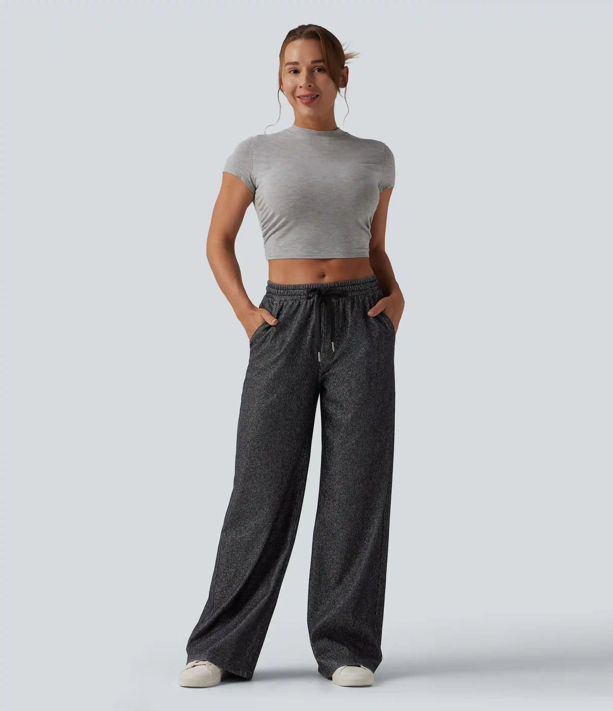 Halara Flex™ Low Rise Drawstring Wide Leg Silver Shine Casual Sweatpants Jeans with Pockets