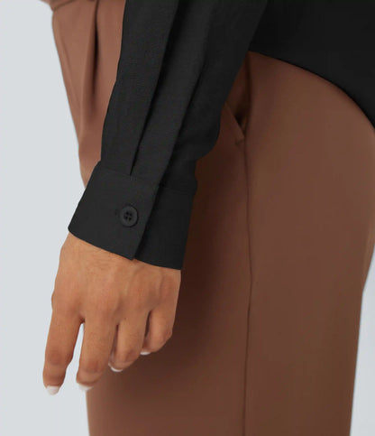 V-neck Long Sleeve Pleated Relaxed Fit Work Blouse