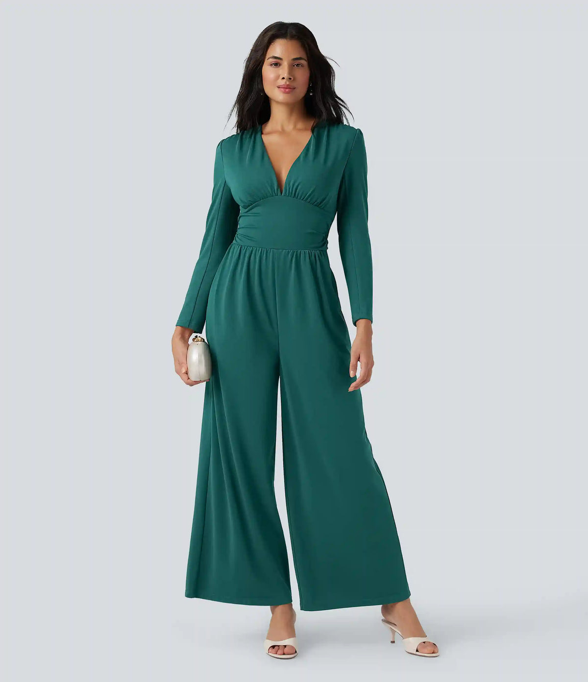 V Neck Long Sleeve Ruched Jumpsuit with Pockets-Easy Peezy Edition