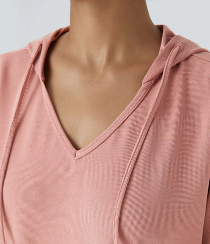 Drawstring Hooded Long Sleeve Pocket High Low Curved Hem Oversize Mini Waffle Casual Sweatshirt Dress