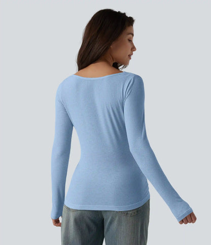 Ribbed Knit Cowl Neck Long Sleeve Ruched Casual Top