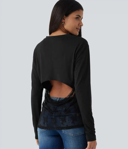 V Neck Long Sleeve Cut Out Back Contrast Lace Casual T-Shirt