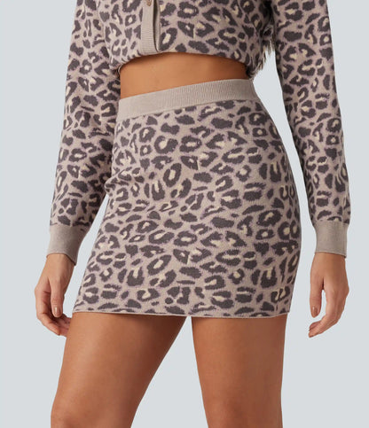 High Waisted Leopard Print Bodycon Casual Mini Sweater Skirt