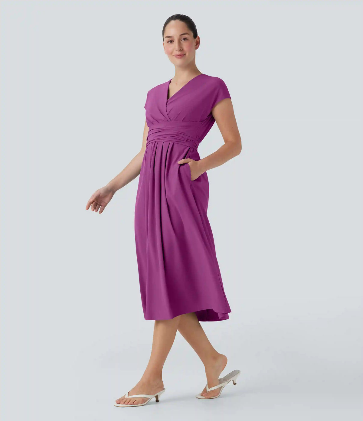 Breezeful™ V Neck Short Sleeve Pocket Tie Back Quick Dry Midi Casual Dress