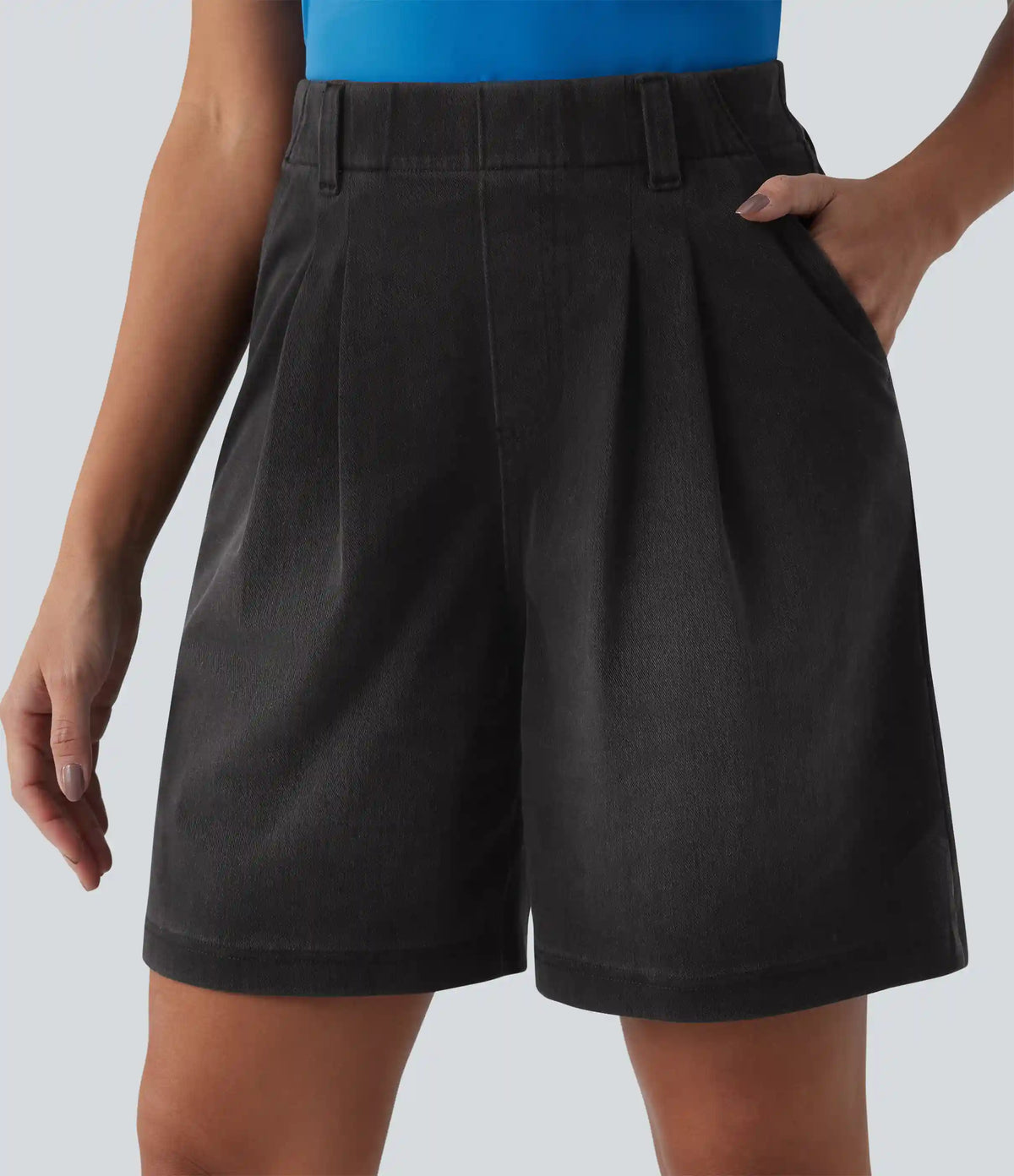 Halara Flex™ High Waisted Pleated Denim Casual Baggy Bermuda Shorts with Pockets