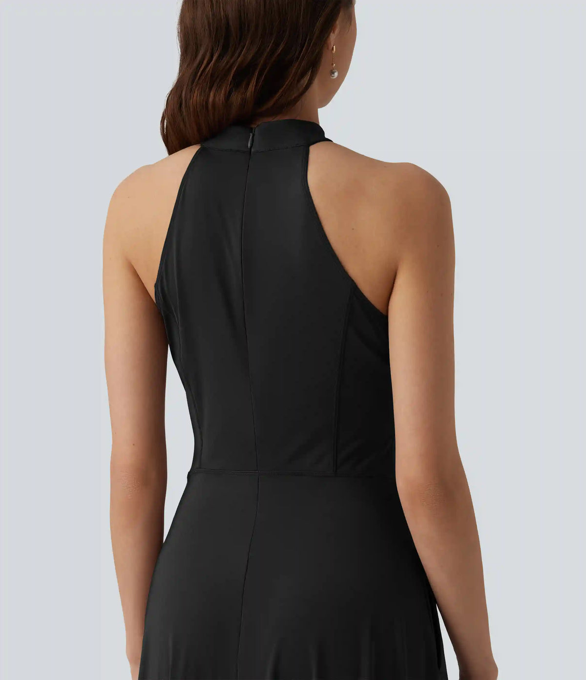 Mock Neck Sleeveless Invisible Zipper Midi Stretchy Satin-Like InstantCool Bridesmaid And Wedding Guest Flowy Dress with Pockets