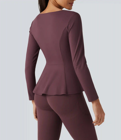 SoftlyZero™ Plush V Neck Long Sleeve Slim Ruffle Hem Yoga Jacket with Pockets