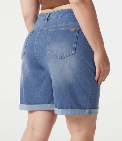 Halara Flex™ High Waisted Multiple Pockets Rolled Hem Washed Stretchy Knit Denim Casual Plus Size Bermuda Shorts