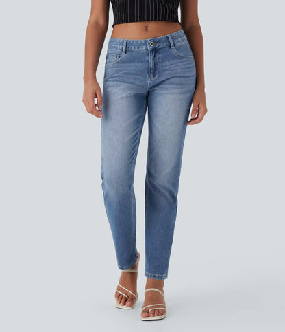 Halara Flex™ Low Rise Zipper Pockets Straight Leg Washed Casual Jeans