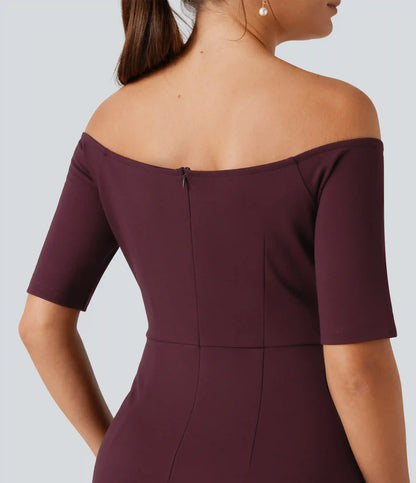 Off Shoulder Short Sleeve Bodycon Midi Dress
