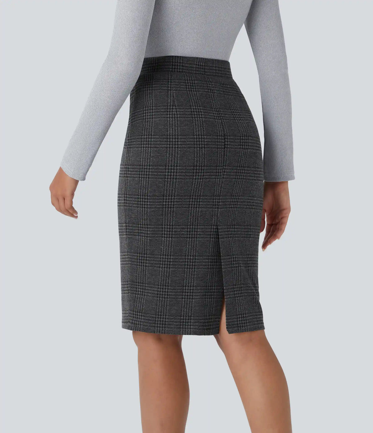 High Waisted Hem Houndstooth Plaid Work Pencil Skirt