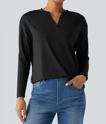 Notched Collar Dropped Shoulder Long Sleeve Casual T-Shirt