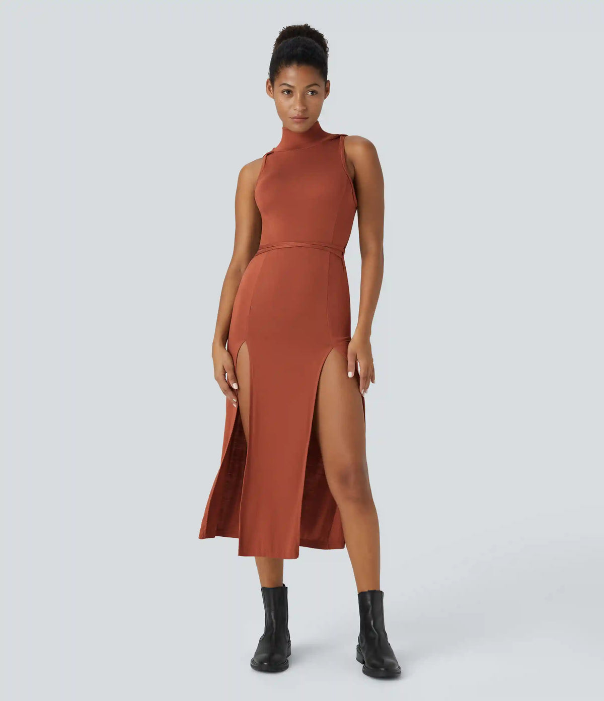Ribbed Hooded High Neck Sleeveless Cut Out Tie Back 2-Piece Midi Casual Dress