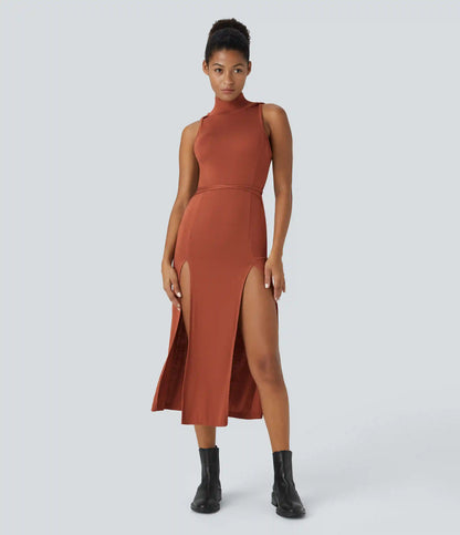 Ribbed Hooded High Neck Sleeveless Cut Out Tie Back 2-Piece Midi Casual Dress