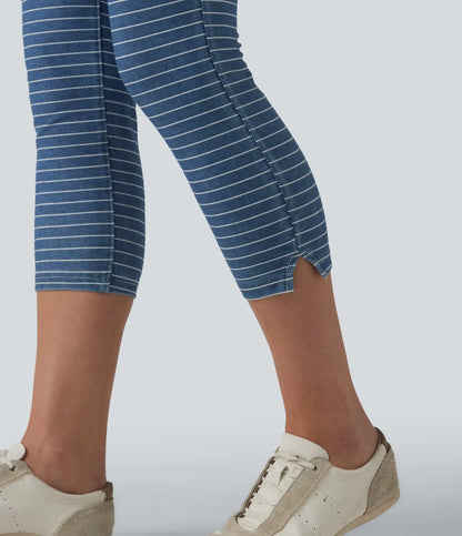Halara Flex™ High Waisted Tummy Control Split Stripes Denim Casual Capri Leggings with Pockets