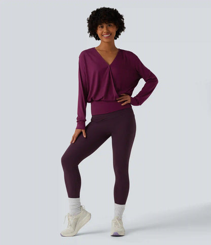 V Neck Crossover Long Sleeve Work Blouse